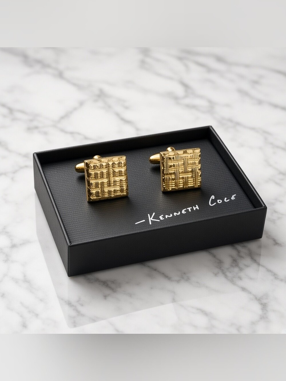 Kenneth Cole Gold Tone Textured Square Cufflinks Geometric Pattern